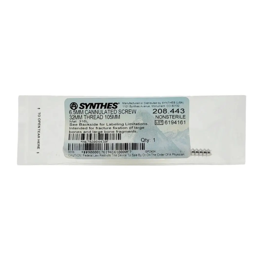 Synthes 208.443 6.5mm Cannulated Screw 32mm Thread 105mm Synthes