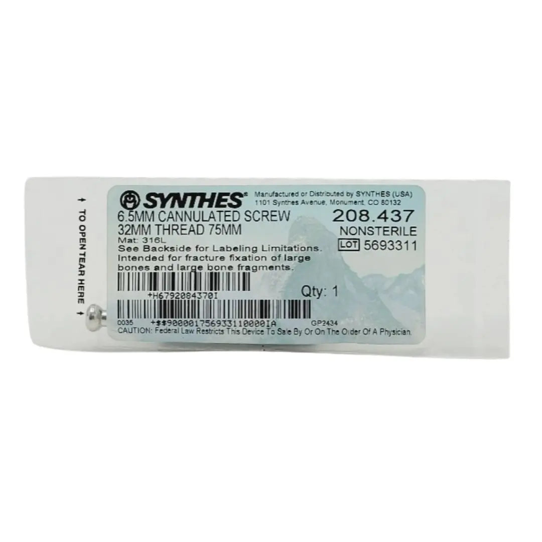 Synthes 208.437 6.5mm Cannulated Screw 32mm Thread 75mm Synthes