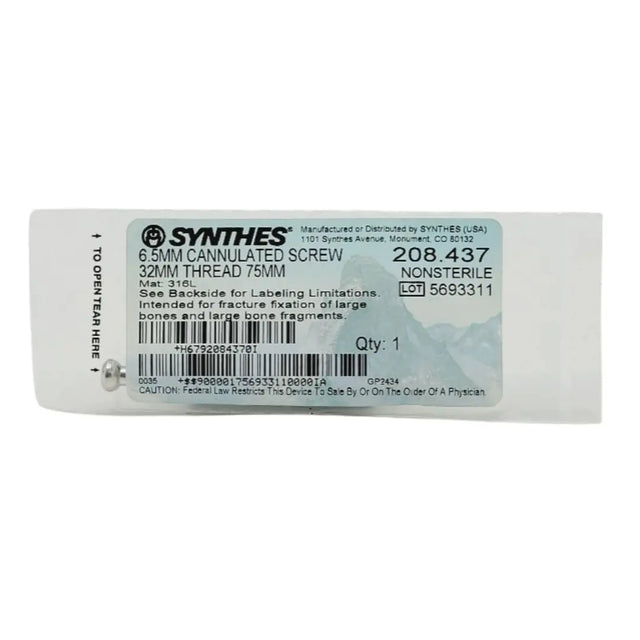Synthes 208.437 6.5mm Cannulated Screw 32mm Thread 75mm Synthes