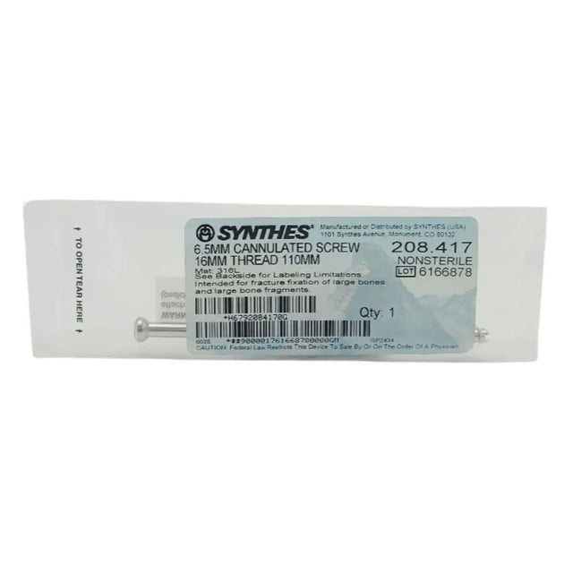Synthes 208.417 6.5mm Cannulated Screw 16mm Thread 110mm Synthes