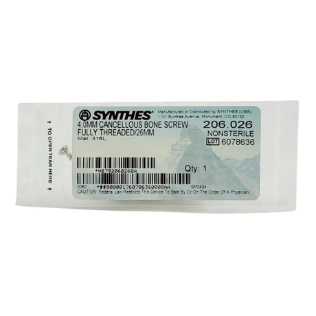 Synthes 206.026 4.0MM Cancellous Bone Screw Fully Threaded/26MM Synthes