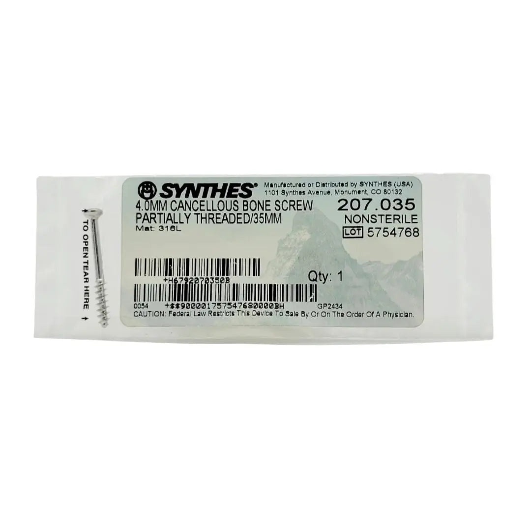 Synthes 207.035 4.0mm Cancellous Bone Screw Partially Threaded 35mm Synthes