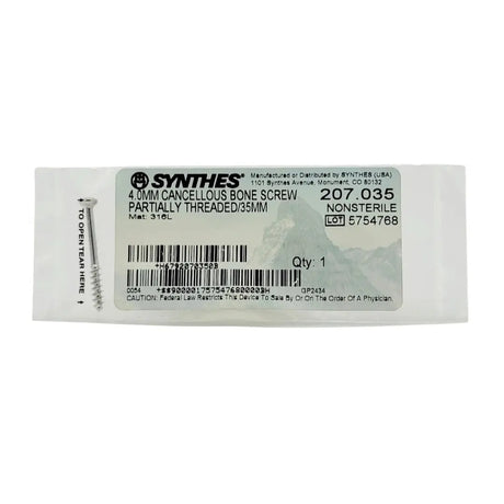 Synthes 207.035 4.0mm Cancellous Bone Screw Partially Threaded 35mm Synthes