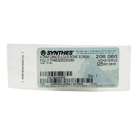 Synthes 206.060 4.0MM Cancellous Bone Screw Fully Threaded 60mm Synthes