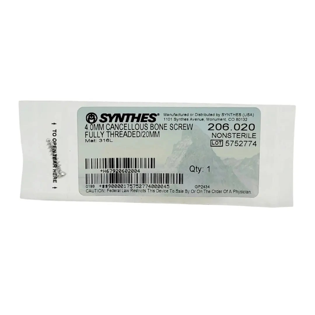 Synthes 206.020 4.0mm Cancellous Bone Screw Fully Threaded 20mm Synthes