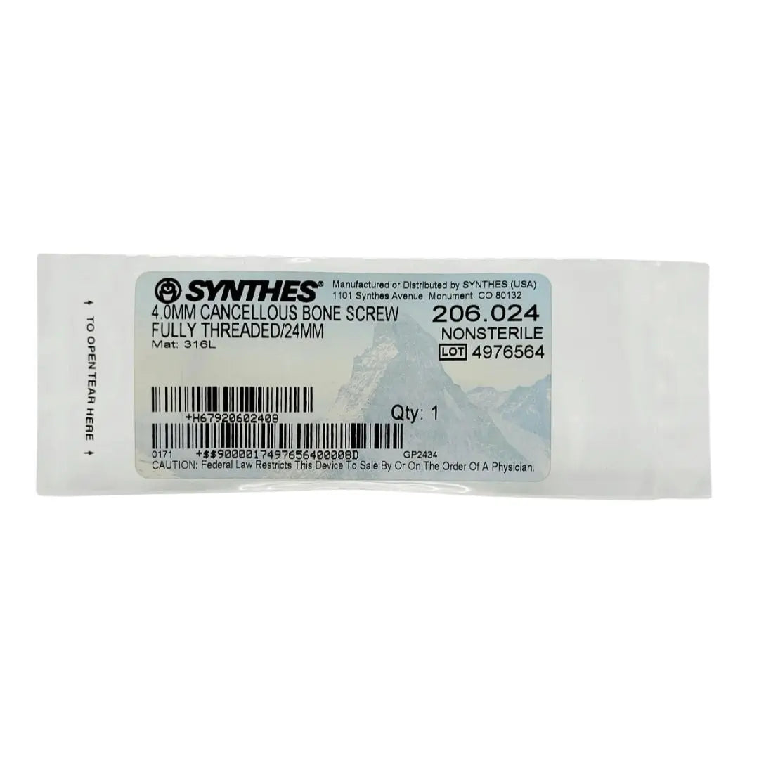 Synthes 206.024 4.0mm Cancellous Bone Screw Fully Threaded/24mm Synthes