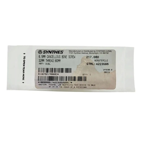 Synthes 217.080 6.5MM Cabcellous Bone Screw 32mm Thread 80mm Synthes