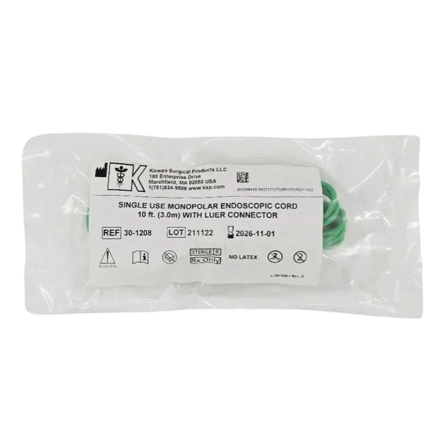 Kirwan 30-1208 Monopolar Endoscopic Cord w/ Luer Connector 10' Single-Use 1/EA Kirwan