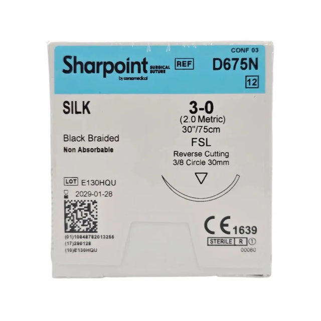 Corza Medical D675N Sharpoint SILK 3-0 Black 1X30" FSL 30mm Reverse Cutting BX/12 Corza Medical