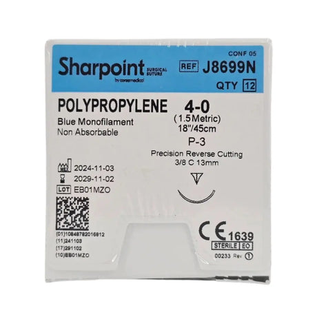 Corza Medical J8699N Sharpoint POLYPROPYLENE 4-0 Blue 1X18" P-3 13mm Precision Reverse Cutting BX/12 Corza Medical