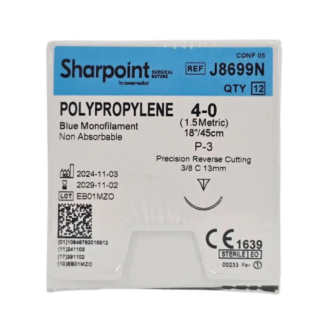 Corza Medical J8699N Sharpoint POLYPROPYLENE 4-0 Blue 1X18" P-3 13mm Precision Reverse Cutting BX/12 Corza Medical