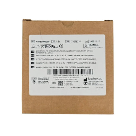 Zimmer 60750000200 A.T.S. Cylindrical Tourniquet Cuff Dual Port Single Bladder 12" 1/EA Zimmer Biomet