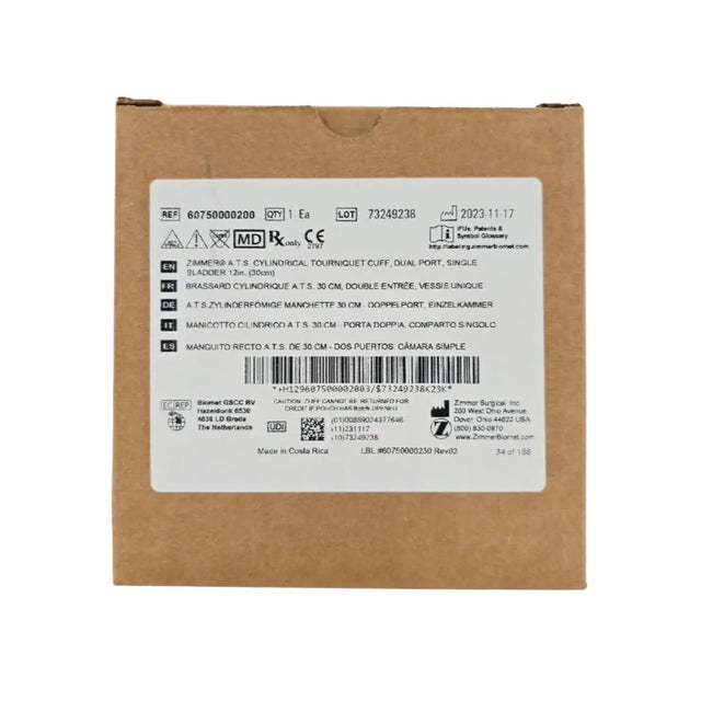 Zimmer 60750000200 A.T.S. Cylindrical Tourniquet Cuff Dual Port Single Bladder 12" 1/EA Zimmer Biomet