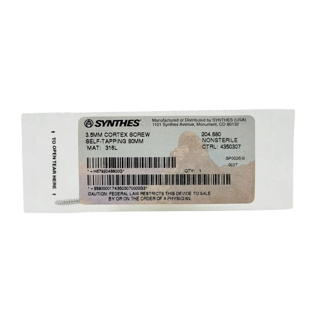 Synthes 204.880 3.5mm Cortex Screw Self-Tapping 80mm Orthopedic Hardware