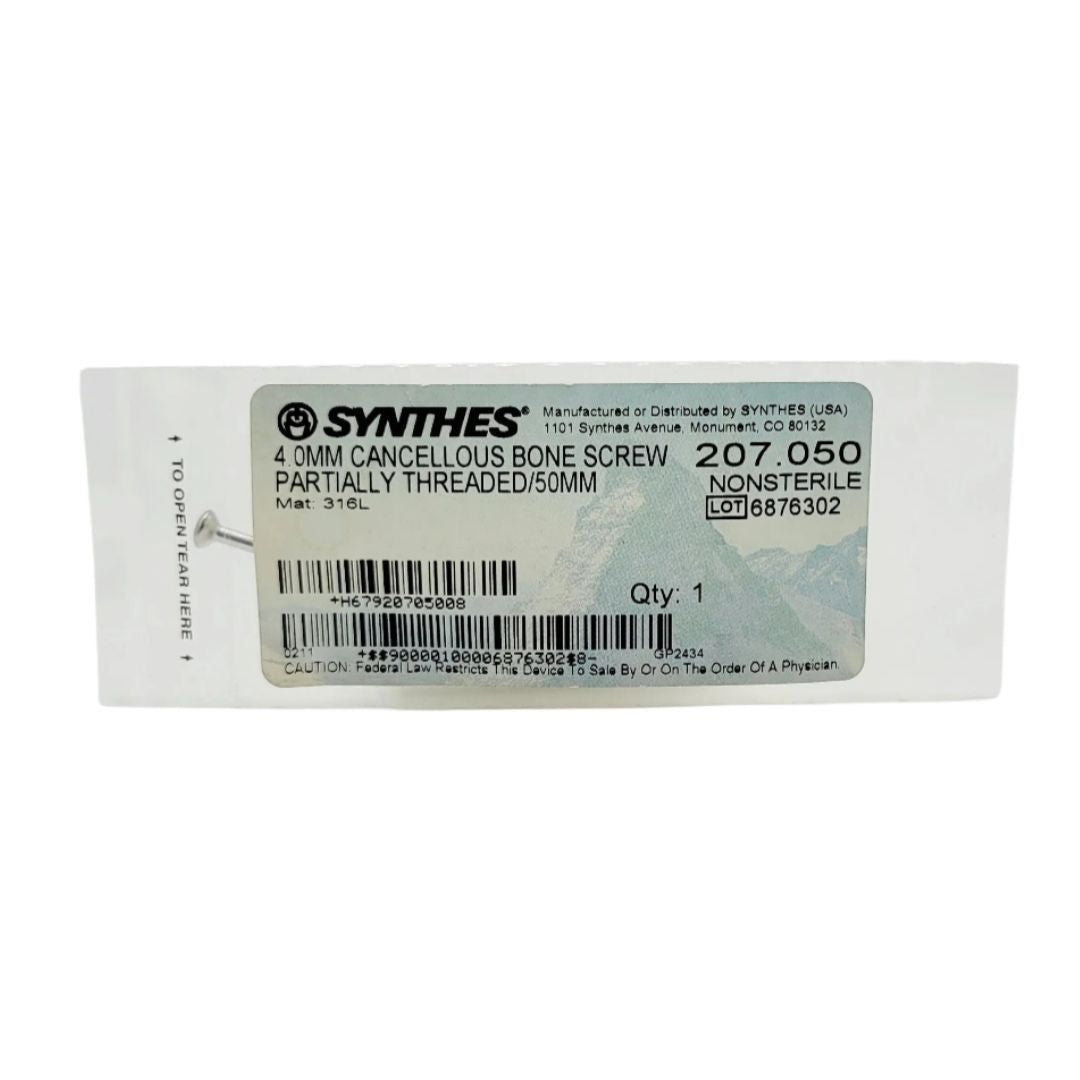 Synthes 207.050 4.0mm Cancellous Bone Screw Partially Threaded/50mm