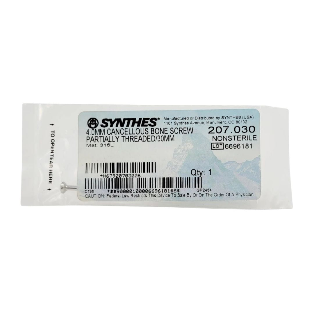 Synthes 207.030 4.0mm Cancellous Bone Screw Partially Threaded/30mm