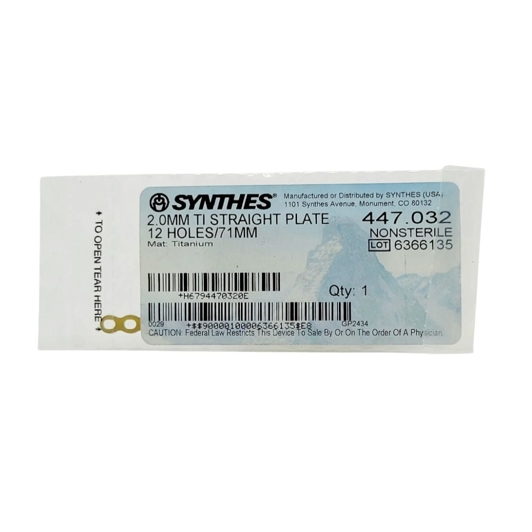 Synthes 447.032 2.0MM TI Straight Plate 12 Holes/71MM