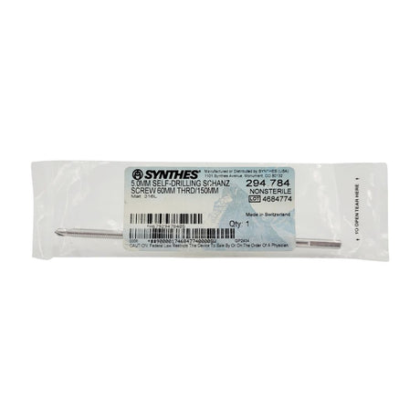Packaged screw with Synthes label on a white background