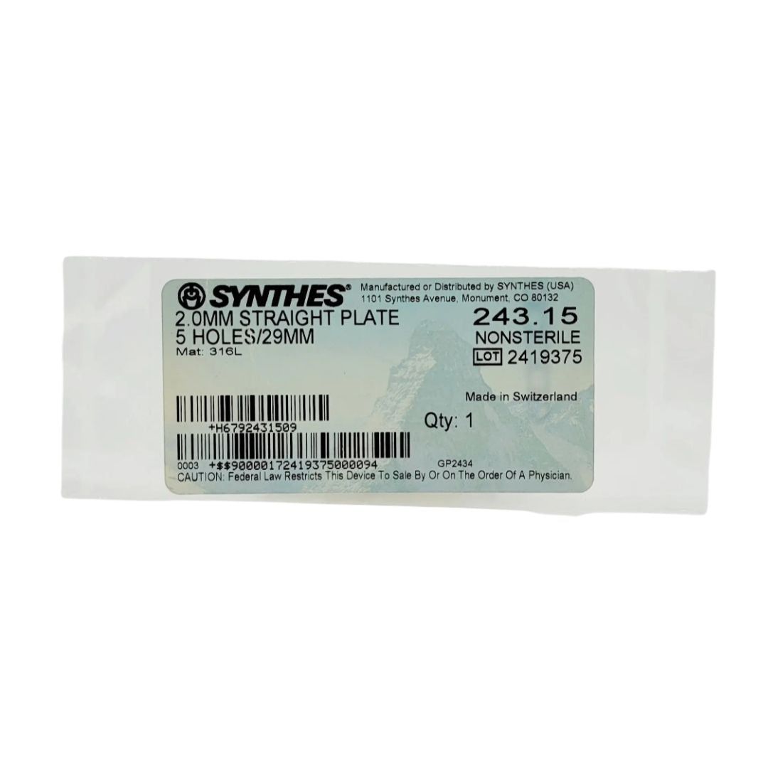 Synthes 243.15 2.0mm straight plate 5 holes 29mm orthopedic hardware