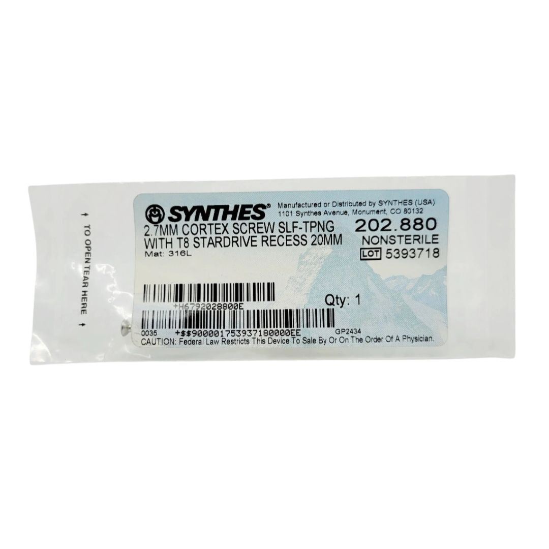 Synthes 202.880 2.7mm Cortex Screw Self-tapping With T8 Stardrive Recess 20mm