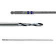 Close-up of a golf club shaft with a drill bit attachment on a white background