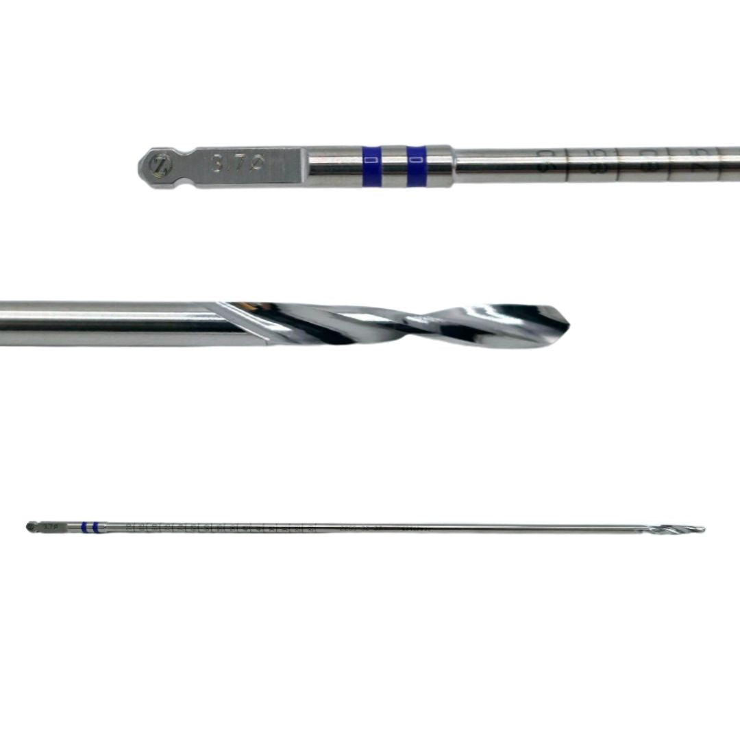 Close-up of a golf club shaft with a drill bit attachment on a white background