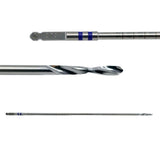 Close-up of a golf club shaft with a drill bit attachment on a white background