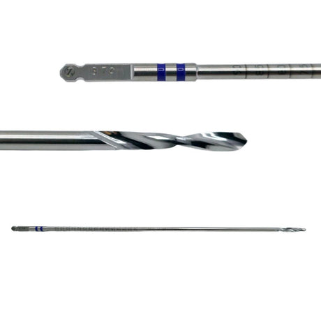 Close-up of a golf club shaft with a drill bit attachment on a white background