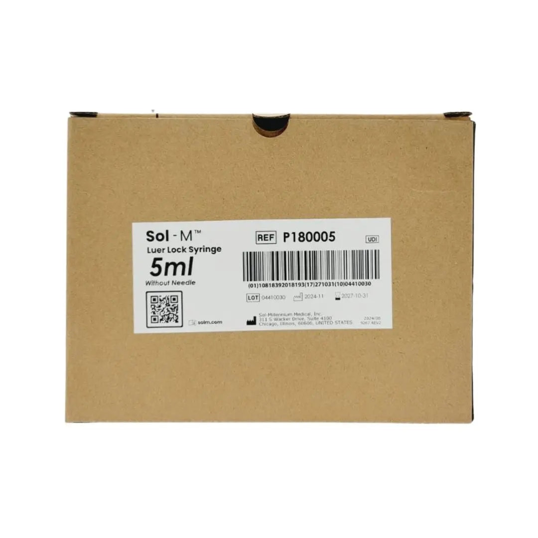 Sol-Millennium P180005 5ml Luer Lock Syringes w/o Needle 100/Box Sol-Millennium