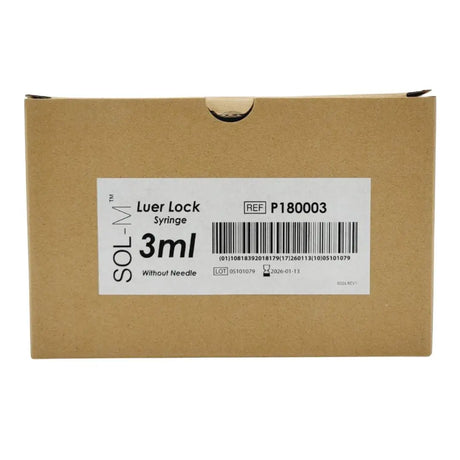 Sol-Millennium P180003 3ml Luer Lock Syringes w/o Needle 100/Box Sol-Millennium