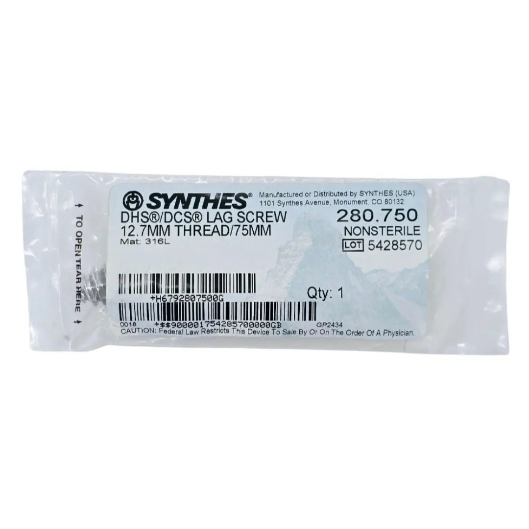Synthes 280.750 DHS/DCS Lag Screw 12.7mm Thread/75mm Synthes