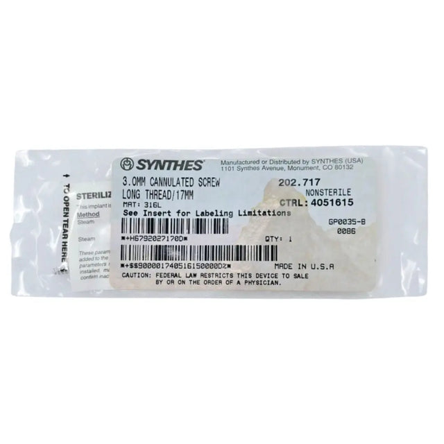 Synthes 202.717 3.0mm Cannulated Screw Long Thread/17mm Synthes
