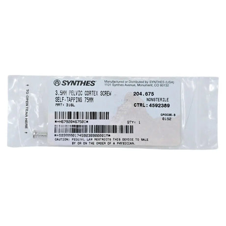 Synthes 204.675 3.5mm Pelvic Cortex Screw Self-Tapping 75mm Synthes
