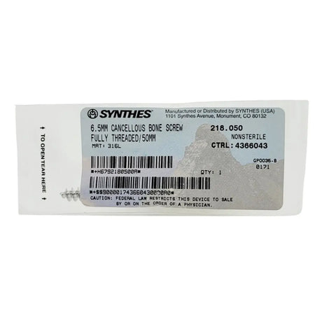 Synthes 218.050 6.5mm Cancellous Bone Screw Fully Threaded/50mm Synthes