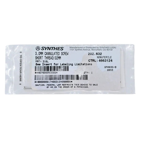 Synthes 202.632 3.0mm Cannulated Screw Short Thread/32mm Synthes