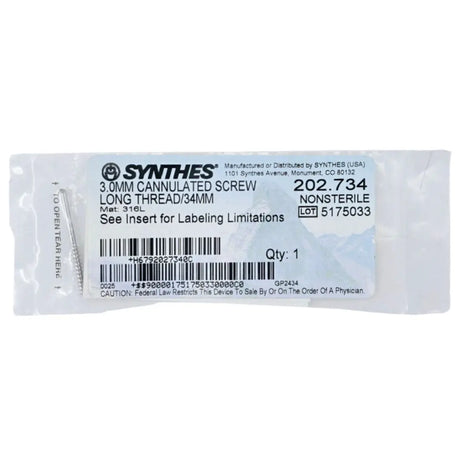 Synthes 202.734 3.0mm Cannulated Screw Long Thread/34mm Synthes