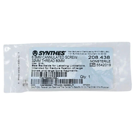 Synthes 208.438 6.5mm Cannulated Screw 32mm Thread 80mm Synthes