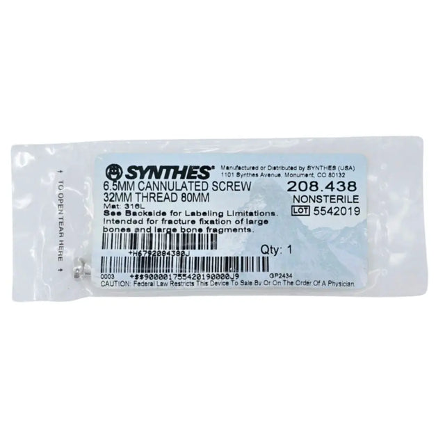 Synthes 208.438 6.5mm Cannulated Screw 32mm Thread 80mm Synthes