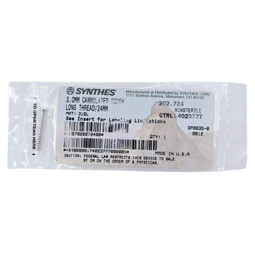 Synthes 202.724 3.0mm Cannulated Screw Long Thread/24mm