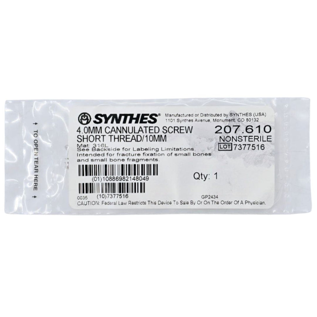 Synthes 207.610 4.0mm Cannulated Screw Short Thread/10mm