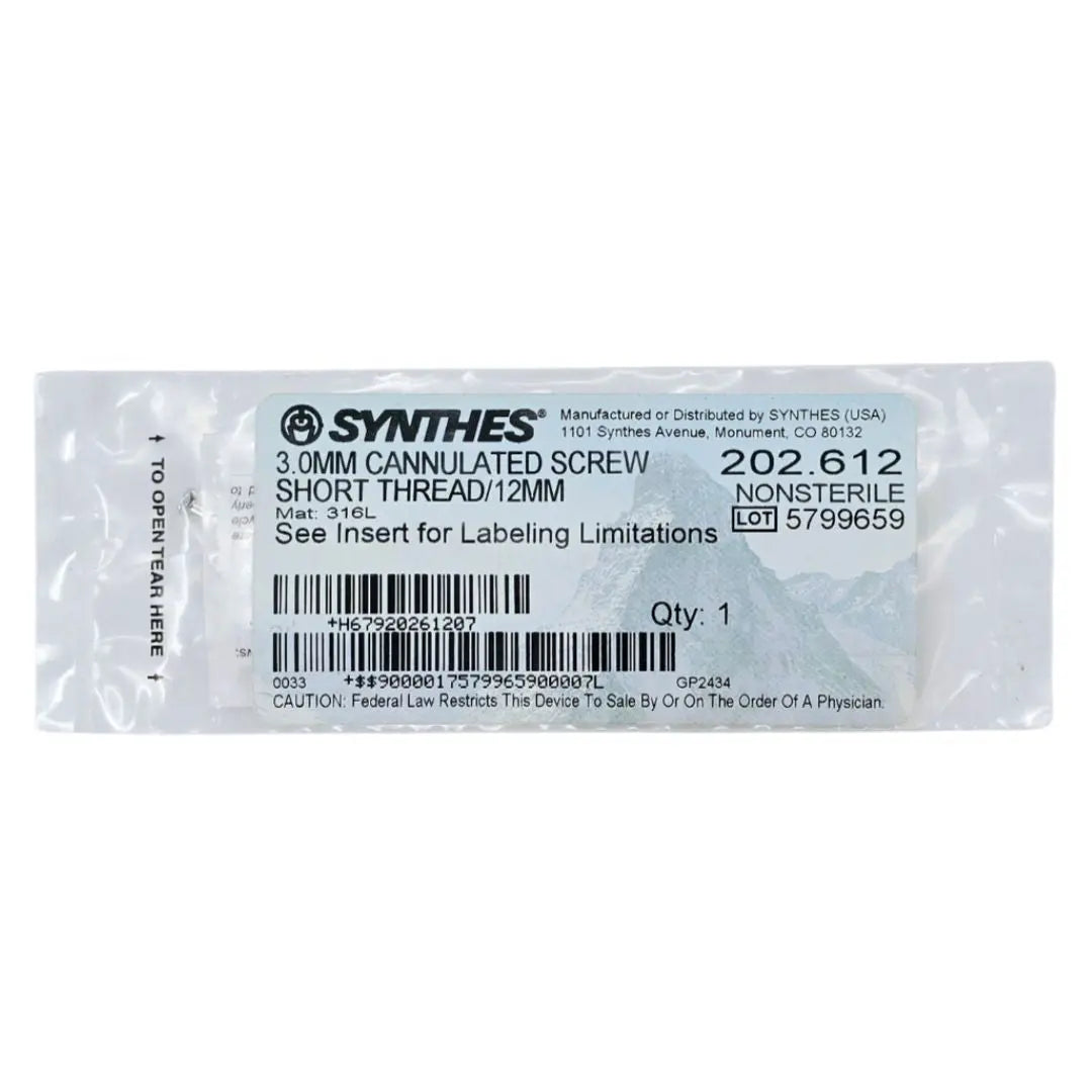 Synthes 202.612 3.0mm Cannulated Screw Short Thread/12mm Synthes