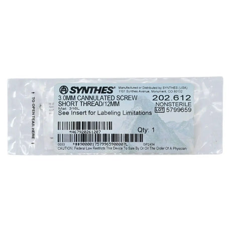 Synthes 202.612 3.0mm Cannulated Screw Short Thread/12mm Synthes