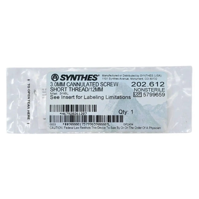 Synthes 202.612 3.0mm Cannulated Screw Short Thread/12mm Synthes