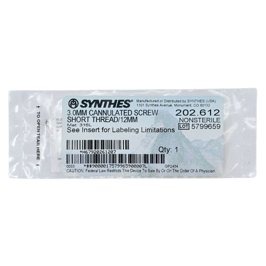 Synthes 202.612 3.0mm Cannulated Screw Short Thread/12mm