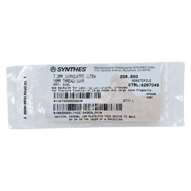 Synthes 208.850 7.3mm Cannulated Screw 16mm Thread/50mm Synthes
