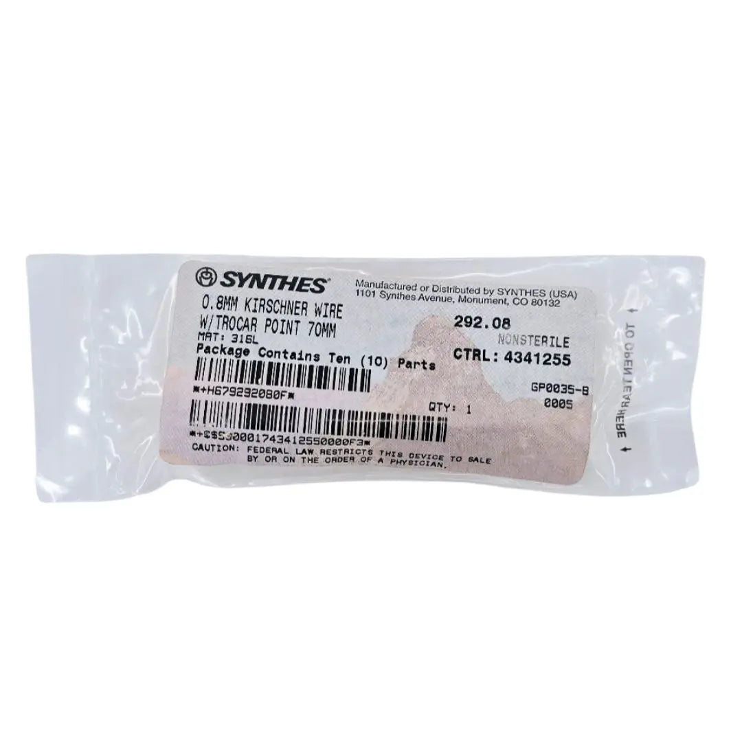Synthes 292.08 0.8mm Kirschner Wire w/ Trocar Point 70mm 10/PK Synthes