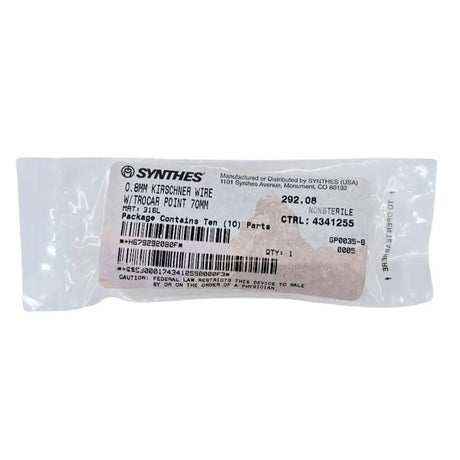 Synthes 292.08 0.8mm Kirschner Wire w/ Trocar Point 70mm 10/PK Synthes