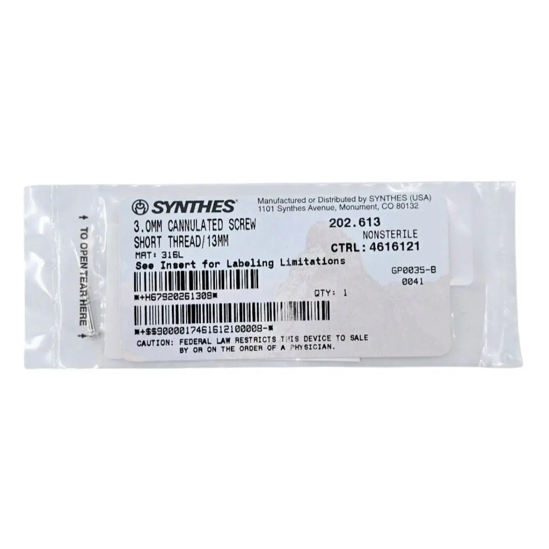 Synthes 202.613 3.0mm Cannulated Screw Short Thread/13mm Synthes