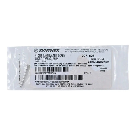 Synthes 207.626 4.0mm Cannulated Screw Short Thread/26mm Synthes