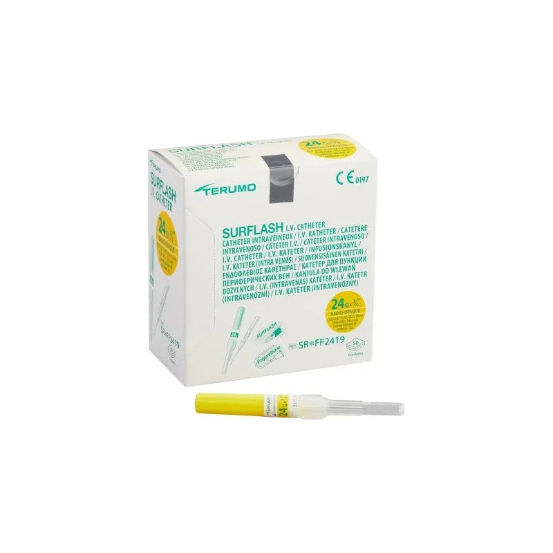 TERUMO SURFLASH IV POLYURETHANE CATHETERS - 24G x ", Yellow, 50/bx, 4 bx/cs (US Only)